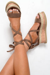Mocha Faux Suede Lace Up Platform Wedges - Camara