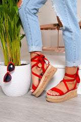 Red Lace Up Platform Wedges - Camara