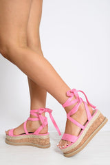 Pink Lace Up Platform Wedges - Camara