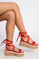 Red Lace Up Platform Wedges - Camara