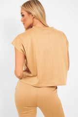 Camel Short Sleeve Crop Jogger Loungewear Set - Aarian