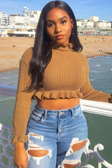 Camel Ruffle Hem Chunky Knit Crop Jumper - Alannah