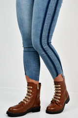 Tan PU Chain Detail Biker Boots - Fischer