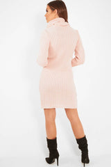 Pink Button Front Roll Neck Jumper Dress - Ericka