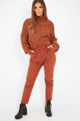 Rust Corduroy Belted Tapered Trousers - Janelle