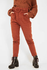 Rust Corduroy Belted Tapered Trousers - Janelle