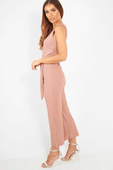 Dusky Pink Plunge Ribbed Tie Waist Jumpsuit - Magdalena