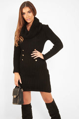 Black Button Front Roll Neck Jumper Dress - Ericka