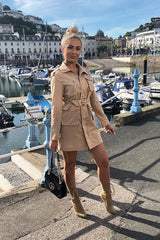 Camel Utility Belted Zip Front Shirt Dress - Meliyah