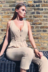 Camel Woven Plunge Button Front Belted Jumpsuit - Stephani