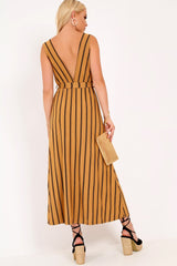 Camel Black Stripe Plunge Wrap Maxi - Skyelin