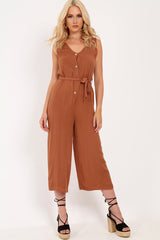 Brown Sleeveless Button Down Culotte Jumpsuit - Kalanni
