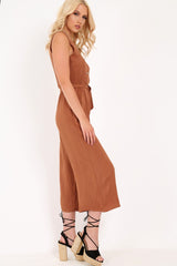 Brown Sleeveless Button Down Culotte Jumpsuit - Kalanni