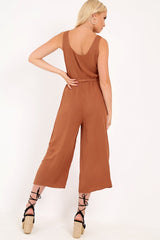 Brown Sleeveless Button Down Culotte Jumpsuit - Kalanni