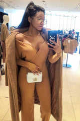 Camel Wide Leg Rib Plunge Jersey Jumpsuit - Tarlia