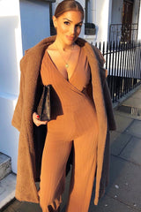 Camel Wide Leg Rib Plunge Jersey Jumpsuit - Tarlia