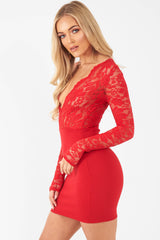 Red Lace Plunge Front Mini Dress - Camrena