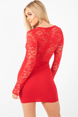 Red Lace Plunge Front Mini Dress - Camrena