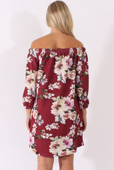 Wine Floral Print Bardot Dress - Cammi