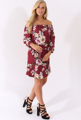 Wine Floral Print Bardot Dress - Cammi