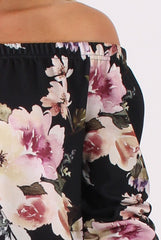 Black Floral Print Bardot Dress - Cammi