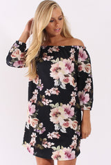Black Floral Print Bardot Dress - Cammi