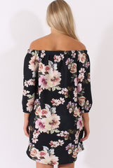 Black Floral Print Bardot Dress - Cammi