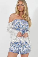 White & Blue Print Bardot Playsuit - Cammy