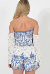 White & Blue Print Bardot Playsuit - Cammy