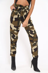Green Camo Paper Bag Tie Waist Trousers - Ryana