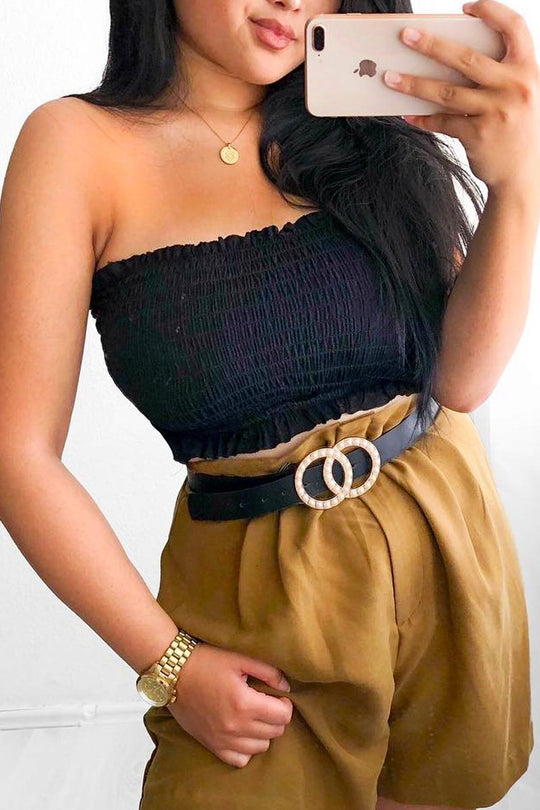 Black Shirred Frill Bandeau Crop Top - Camren