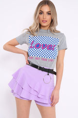 Grey Crew Neck Checker Board Lover Slogan T-Shirt - Camrie
