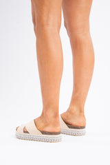 Beige Silver Studded Platform Slider - Camyia