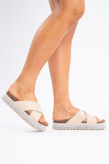 Beige Silver Studded Platform Slider - Camyia