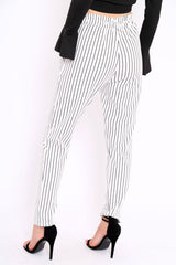 White Striped Tie Waist Cigarette Trousers - Candice