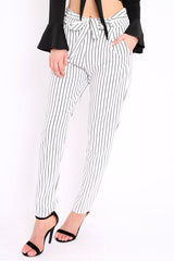 White Striped Tie Waist Cigarette Trousers - Candice