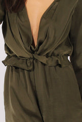Green Satin Plunge Knot Playsuit  - Candy