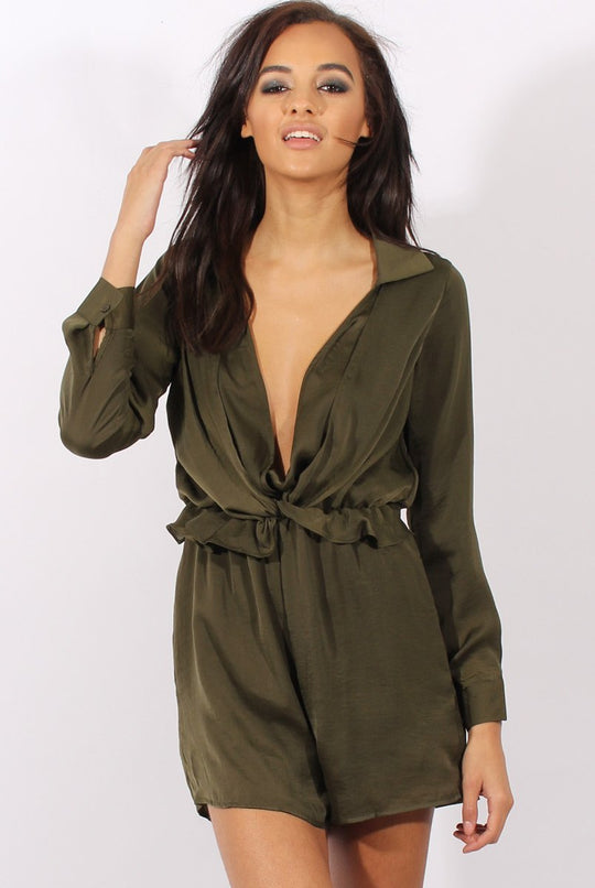 Green Satin Plunge Knot Playsuit  - Candy