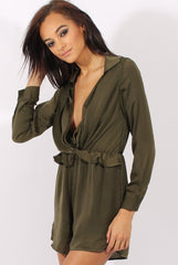 Green Satin Plunge Knot Playsuit  - Candy