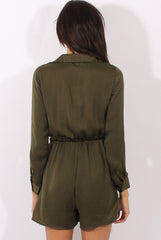 Green Satin Plunge Knot Playsuit  - Candy