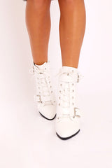 White Patent Buckle Pointed Boots - Canyon