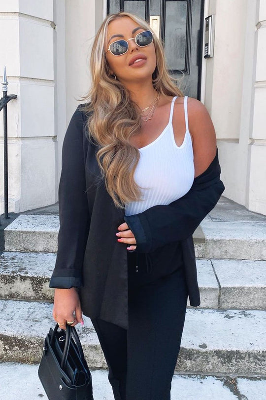 White Ribbed Double Strap One Shoulder Bodysuit - Lavia