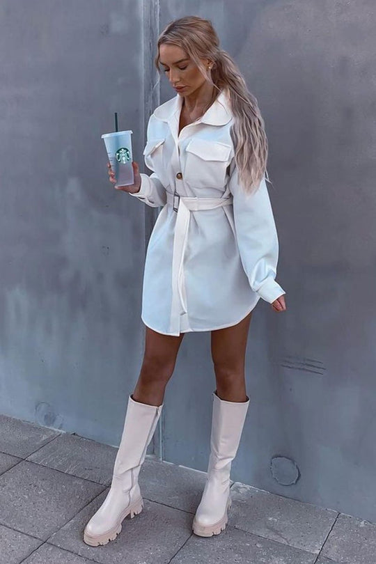 White Front Pocket Belted Shacket - Ranessa