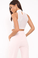 White Mesh Round Neck Crop Top - Carii
