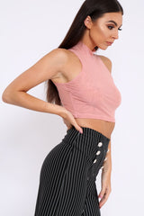 Dusty Pink Mesh Round Neck Crop Top - Carii