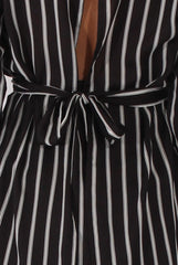 Black Striped Tie Waist Open Back Shirt - Carina