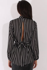 Black Striped Tie Waist Open Back Shirt - Carina
