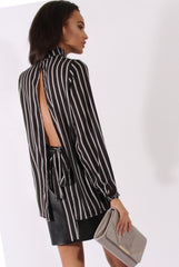 Black Striped Tie Waist Open Back Shirt - Carina