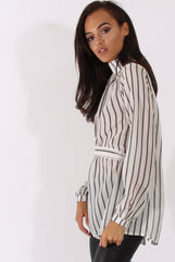 White Striped Tie Waist Open Back Shirt - Carina