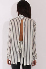 White Striped Tie Waist Open Back Shirt - Carina